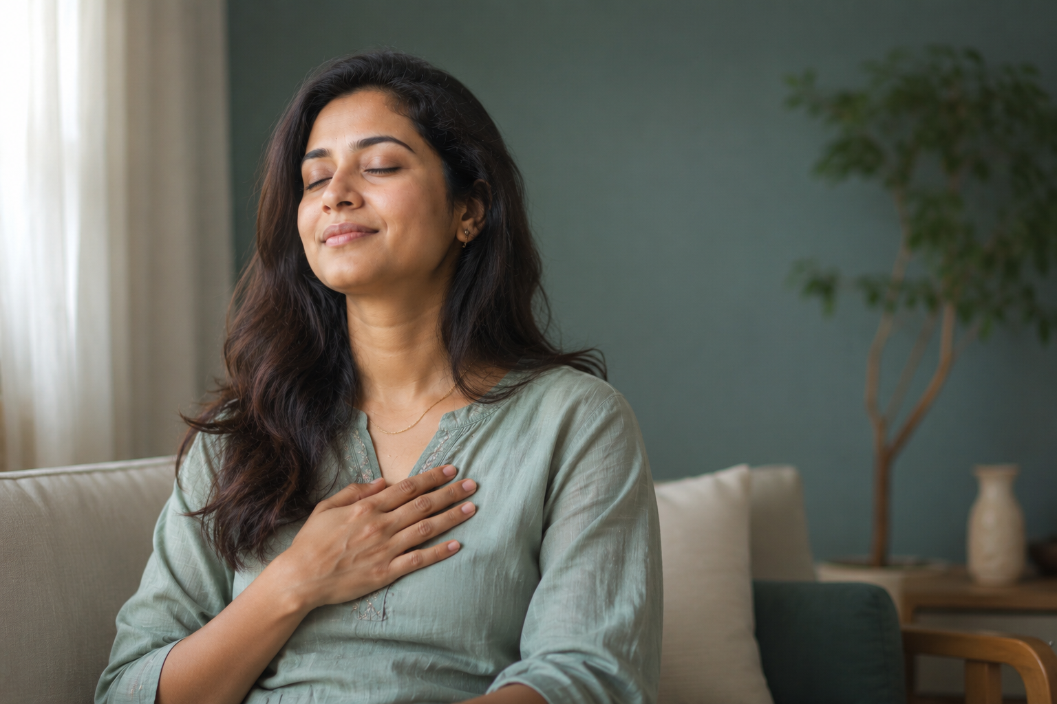 A woman pausing to breathe, eyes closed, at ease