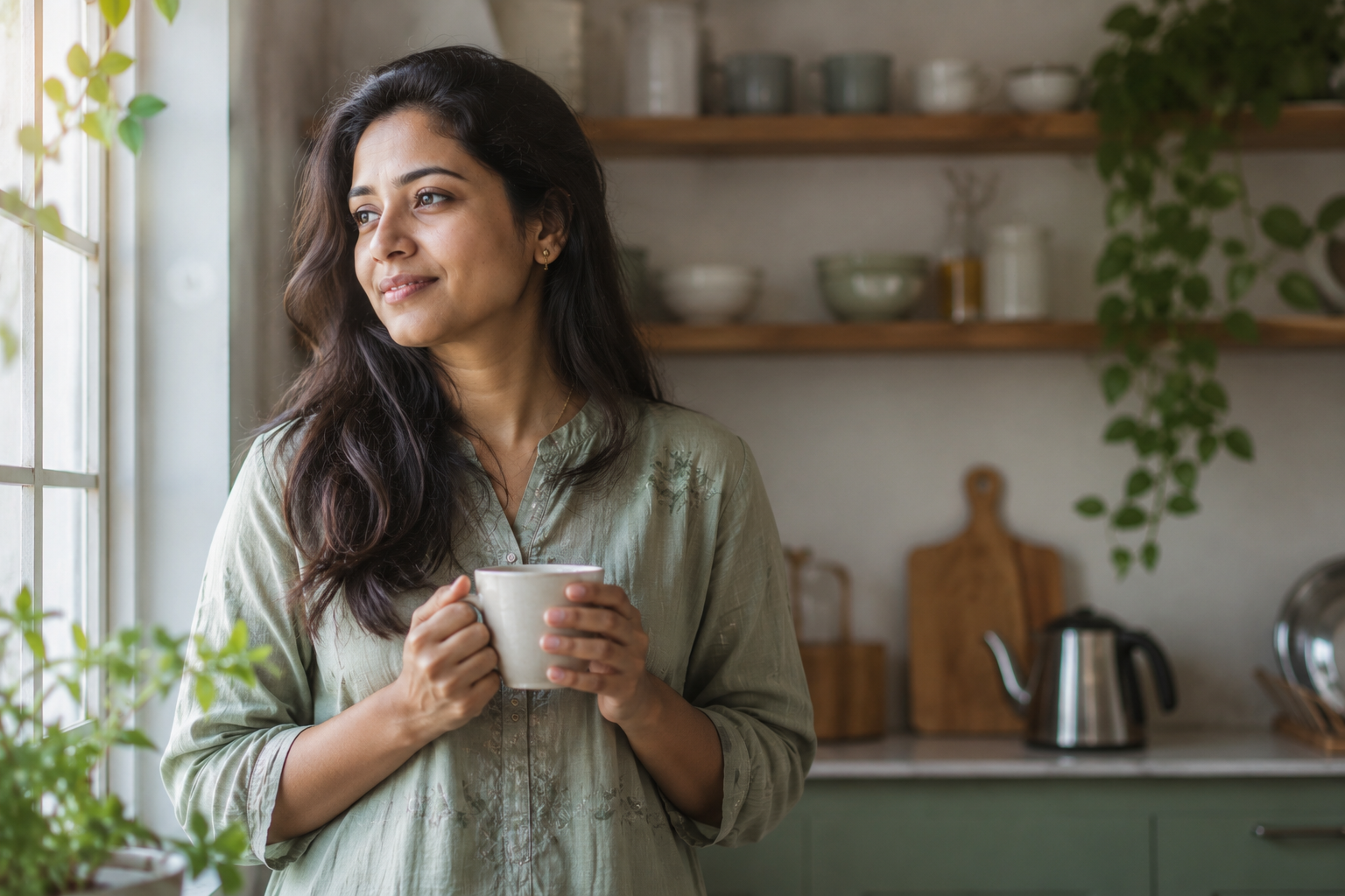 A woman in a quiet moment before her busy day begins